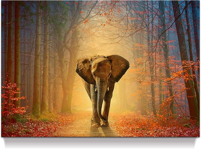 Elephant African Autumn Canvas Painting - Wildlife Animal Wall Art, Natural Artwork Perfect for Bedroom Decor Wall Picture - 16x12 Inches