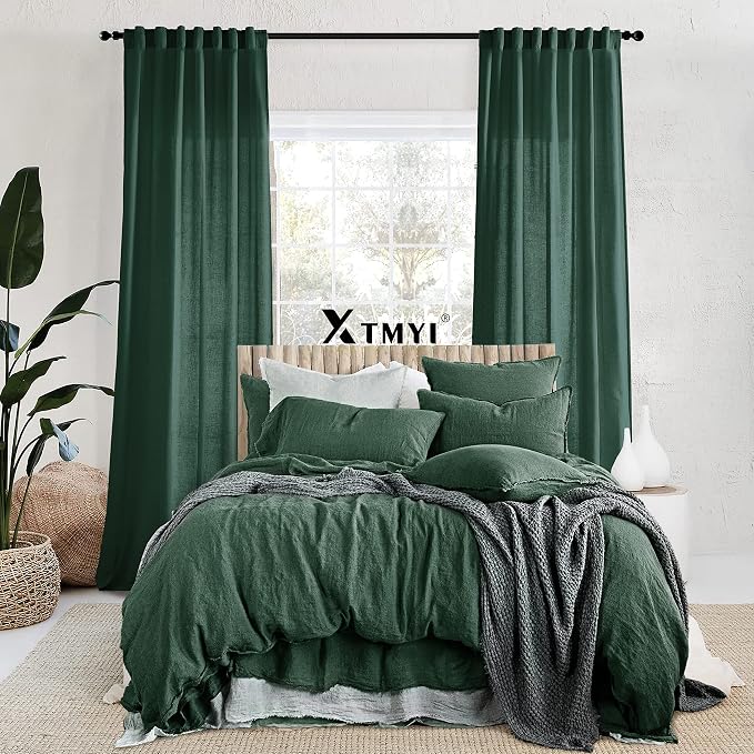 XTMYI Forest Green Curtains 96 Inches Long for Living Room,Light Filtering Back Tab Hooks Pleated Semi Sheer Dark Academia Curtains for Room Decor Bedroom 96 Length 2 Panels