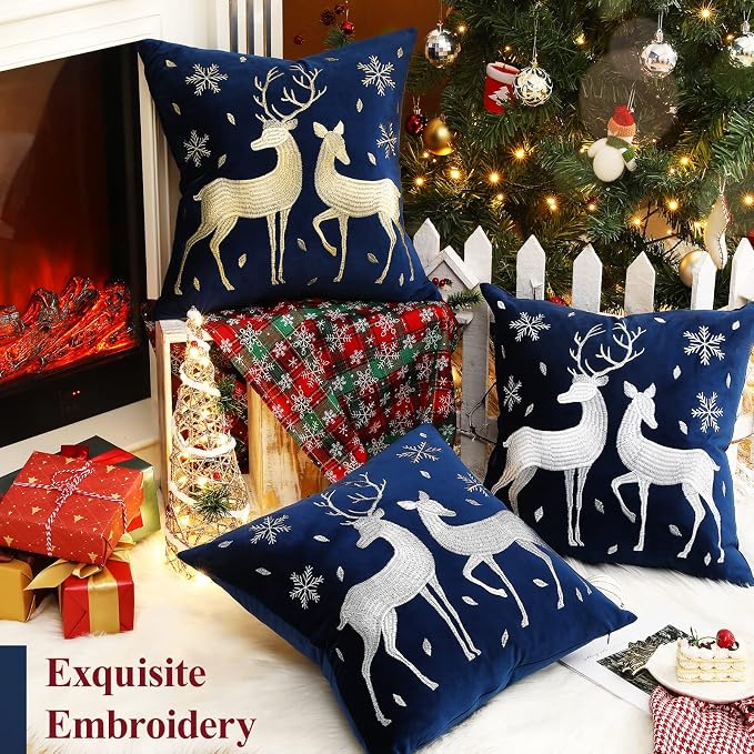 Lewondr Christmas Throw Pillow Cover, White Deer Snowflake, 18"x18", 2 Pack | Navy Blue, Soft Velvet, Embroidery Decorative, Luxurious Sofa Cushion Cover, Home Christmas Decoration