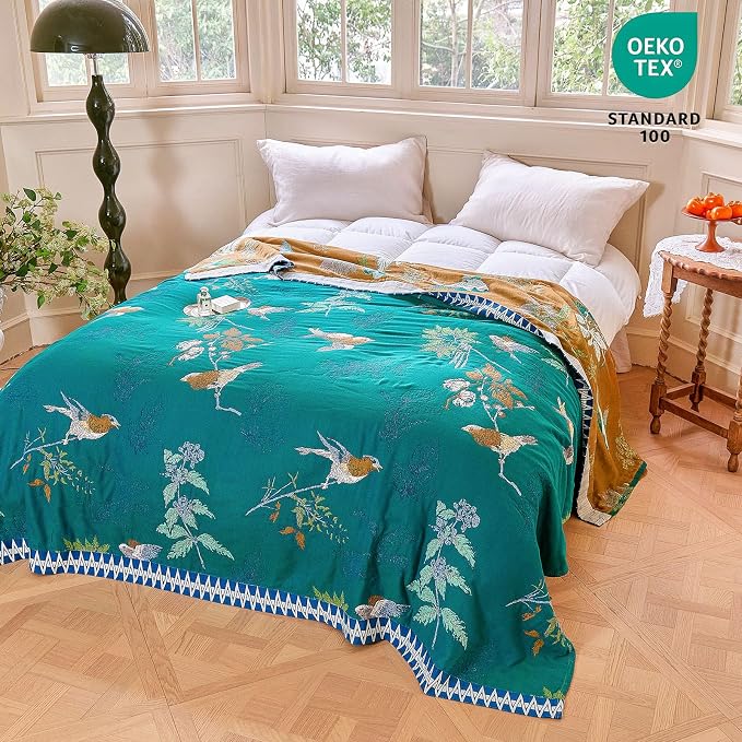 MSGKV Boho Throw Blanket 50"x60" Aviary Botanical Cotton Throw Blanket | Aviary Botanical Pattern, Muslin Throw, Reversible Woven, Lightweight Comfort, Decorative Home Accent, All Season Use