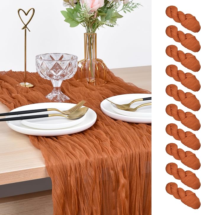 Rust Cheesecloth Table Runner Cheese Cloth Wedding Birthday Party Decor | 10Ft Fall Rustic Boho Gauze Farmhouse Bridal Baby Shower Holiday Dining Tea Party Home Table Decorations Terracotta 10 Pack