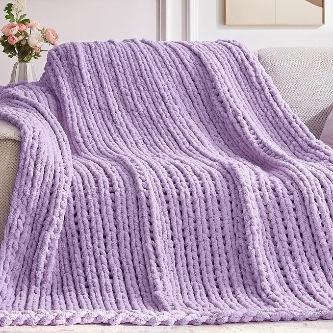 Negwoo Chunky Knit Throw Blanket, Knitted Throw Chenille Yarn, 80"*90" | Soft Thick Cable Knitted Blankets, Handmade Big Thick Blanket,Machine Washable Cute Comfy Blanket for Home Decor,Light purple