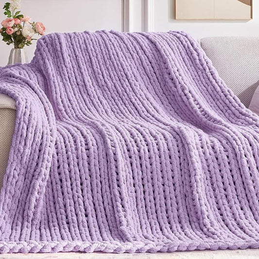 Negwoo Chunky Knit Throw Blanket, Knitted Throw Chenille Yarn, 50"*60" | Soft Thick Cable Knitted Blankets, Handmade Big Thick Blanket,Machine Washable Cute Comfy Blanket for Home Decor,Light purple