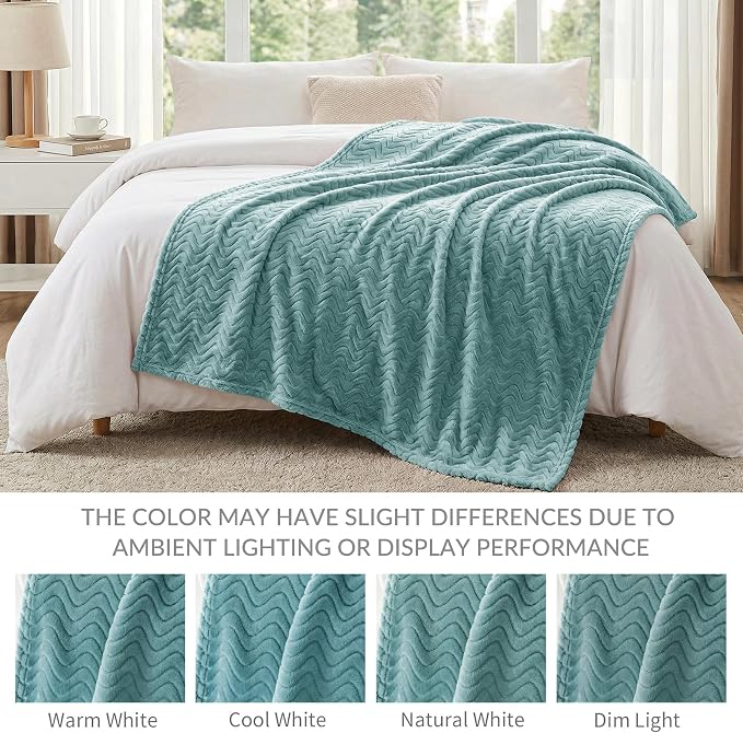 Exclusivo Mezcla Soft Fleece Blanket Twin Size for Bed, Sofa, Celadon | 90"x66" Breathable Lightweight Flannel Blanket for Summer, Plush Cozy Jacquard Wave for Home Decor