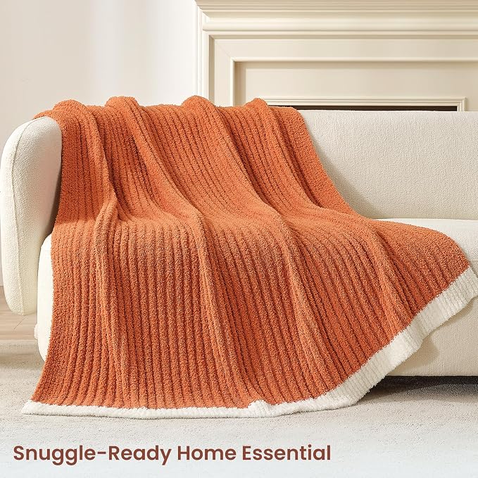 Snuggle Sac Ribbed Burnt Orange Fall Throw Blanket for Couch, Fuzzy Microfiber Knit Blankets for Couch, Sofa, Travel, Burnt Orange, 50x60 inches