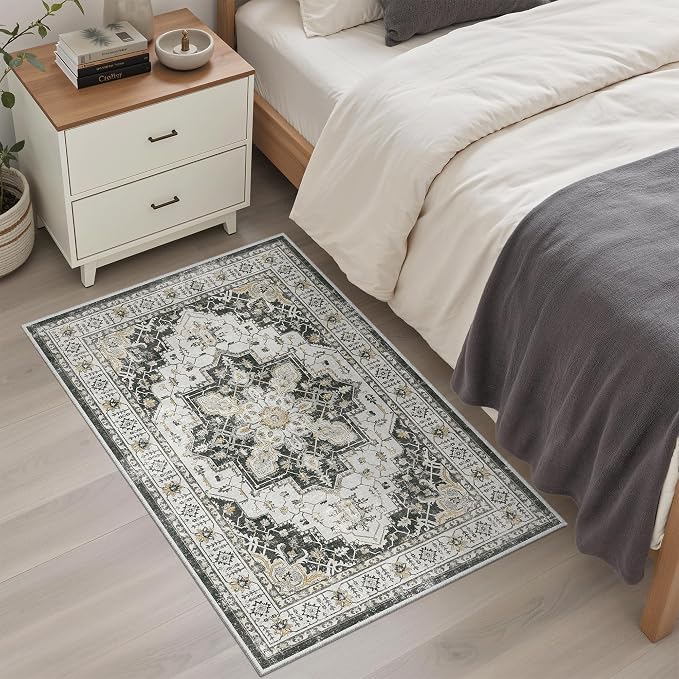 Madane Washable Area Rug 2x3 Small Entryway Rugs Non-Slip, Black | Vintage Stain-Resistant Door Mat Indoor Entrance, Low Pile Floor Carpet for Inside Front Bedroom Kitchen Entry Laundry, Stair