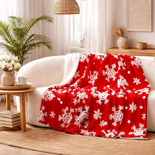 Red Sherpa Blanket - Snowflakes Throw Blanket for Couch, Warm Winter Cabin Throw, Premium Microfiber & Soft Touch, Plush & Fluffy, Warm & Cozy, Sofa, Bed, 50"x60"