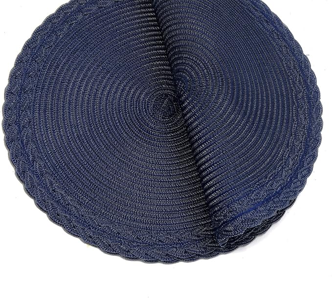 SHACOS Round Placemats Set of 6 Braided Border Fabric Woven Table Mats Washable 15 inch Circle Place Mats for Dining Table, Navy Blue