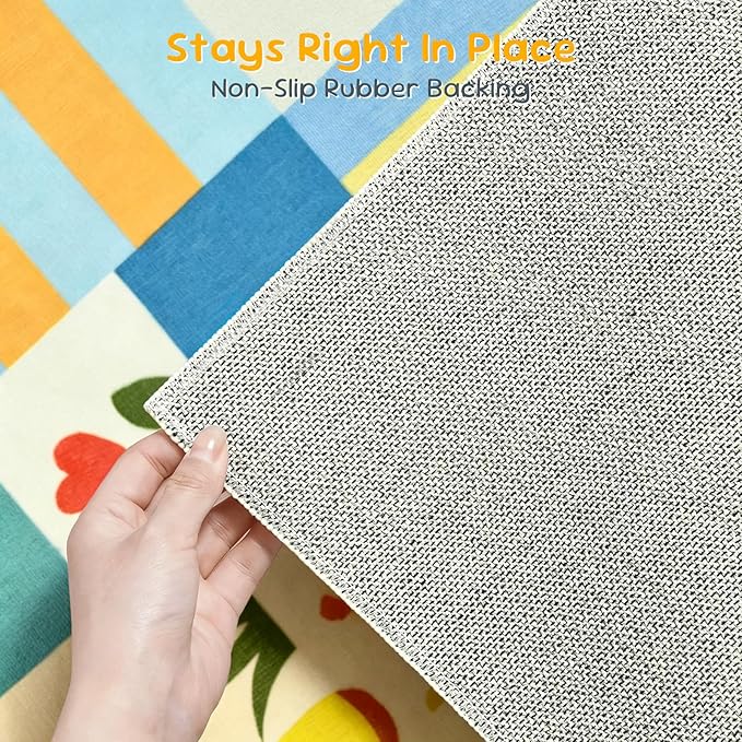 Soft Green Runner Rug for Girls Bedroom, Washable Non-Slip Hallway Carpet with Cute Animals & Colorful Checkered Design, Low Pile Floor Mat