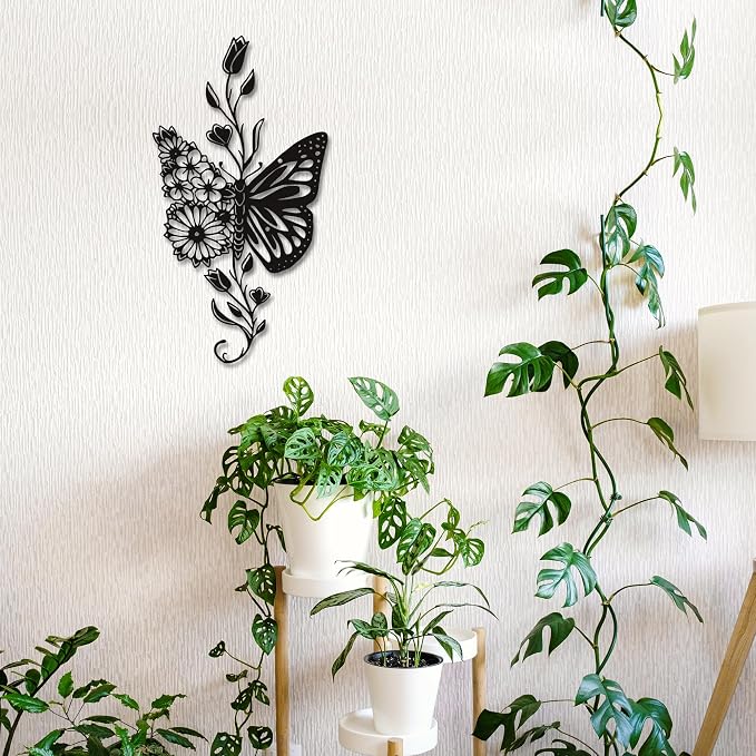 Rajukit Butterfly Flower Metal Wall Art Black for Living Room | Modernist bohemian style hanging ornament versatile for bathroom bedroom living room black finish butterfly flower design