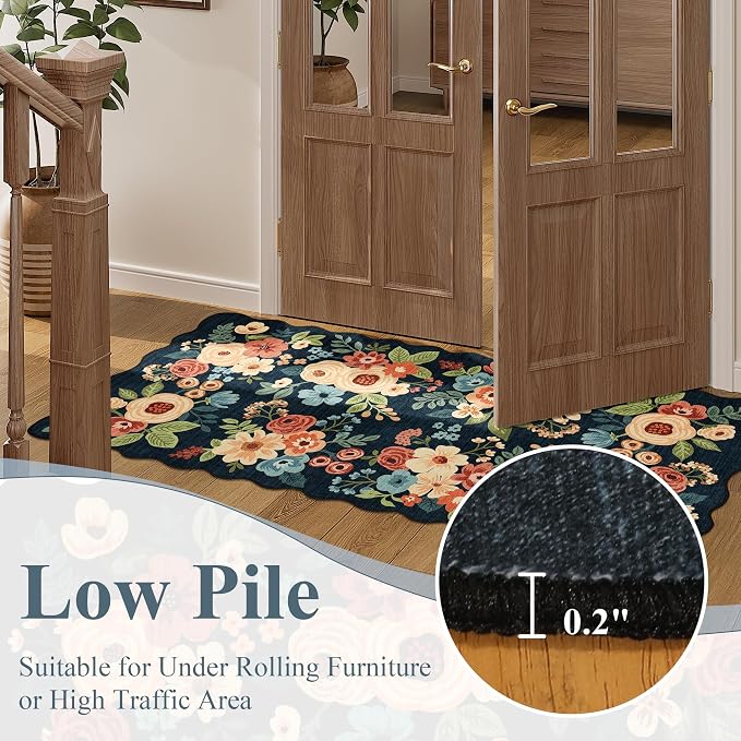 DUKINO 2x5 Washable Runner Rug, Floral Non Slip Kitchen Rug, Navy Blue | Soft, Low Pile, Non-Shedding Throw Rug Runner for Hallway, Entryway, Bedroom, Bathroom, Pet Friendly, Home Decor, Lightweight