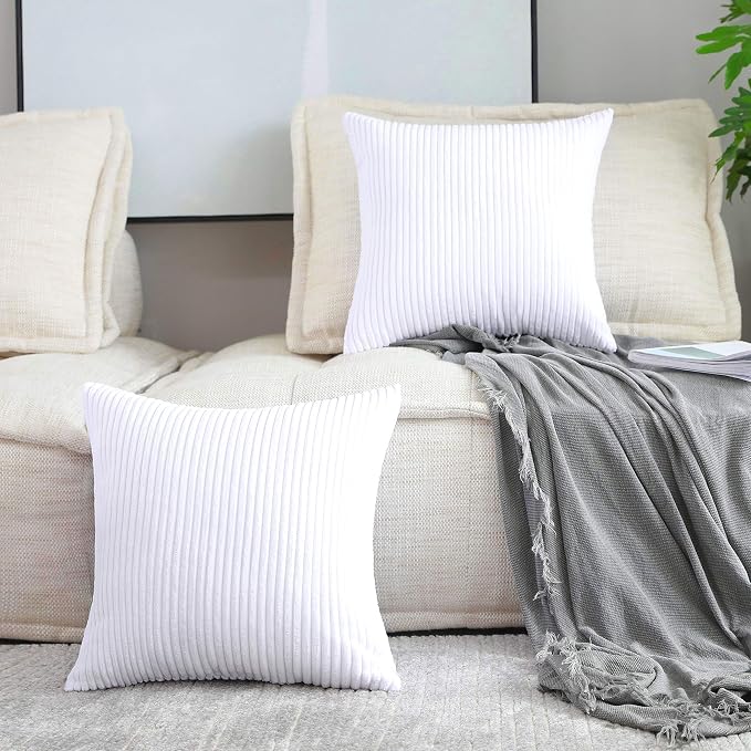Home Brilliant Set of 2 26x26 Pillow Covers Super Soft Euro Sham Striped Corduroy Decorative Euro Throw Pillow Shams Cushion Cover for Couch, 26 x 26 inch, Pure White
