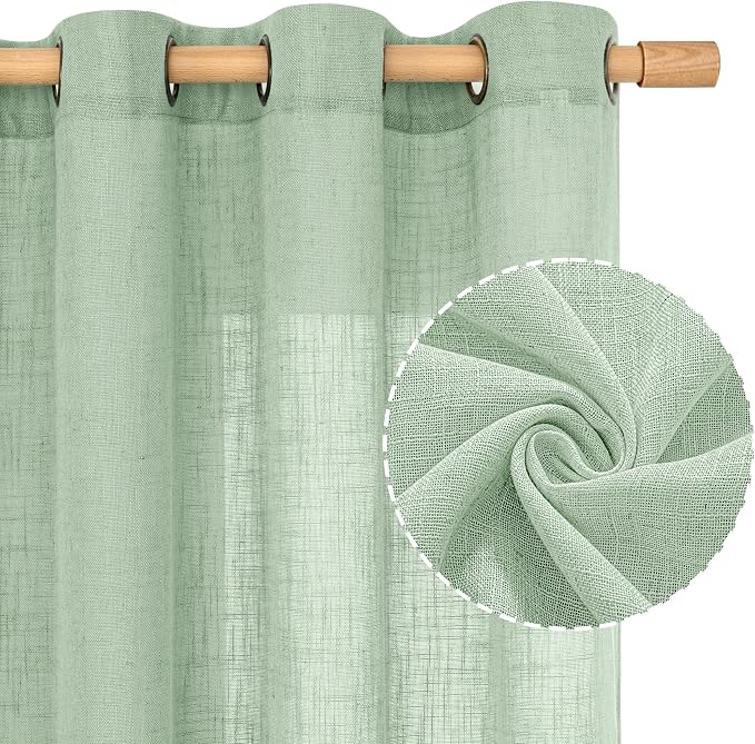 Semi Sheer Linen Curtains for Living Room 84 inch Length 2 Panels | Light Filtering, Curtains for Bedroom, Farmhouse, Sliding Glass Door, Boho, Bronze Grommet Drapes, Fresh Green, 52 x 84 Inch