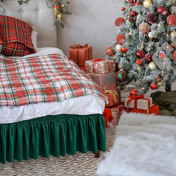 Wrap Around Bed Skirt King Size 15" Drop-Elastic Dust Ruffle Hunter Green | Adjustable Pleated Bedskirt-Easy Fit Wrinkle Resistant Washable Hotel Quality Fabric Bed Skirting-Master Guest Bedroom Rental
