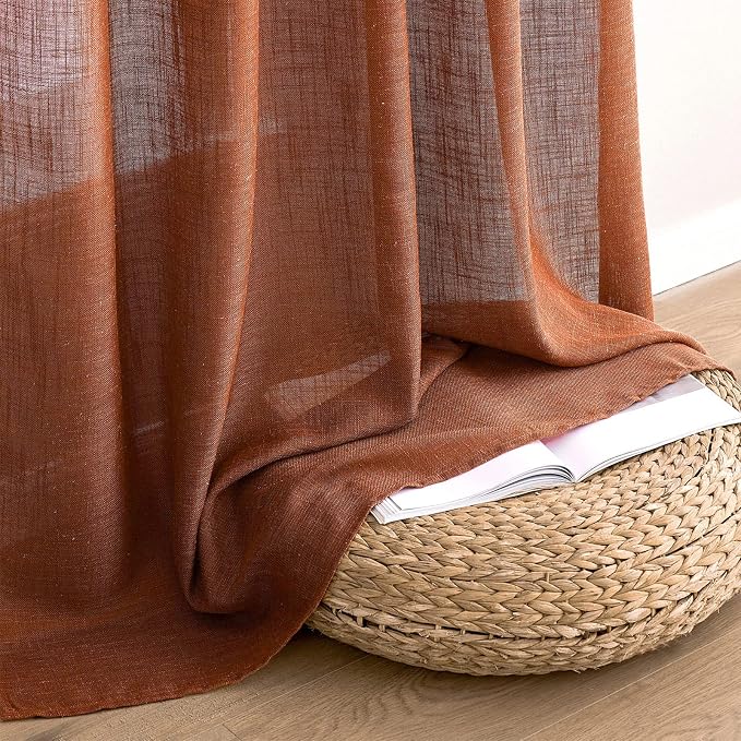 MIULEE Burnt Orange Fall Linen Curtains 120 Inch with Thick Linen Textured | Textured Window Drapes, Terracotta Rust Fall Decor, Semi Sheer Light Filtering, Rod Pocket Back Tab, 2 Panels 10 Ft