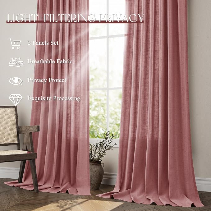 Jowels Canyon Rose Linen Curtains 84 Inch Long 2 Panels for Living Room | Pink Light Filtering Sheer Curtain, Back Tab Pocket Pleated Look, Boho Farmhouse Textured Privacy Drapes for Bedroom Window