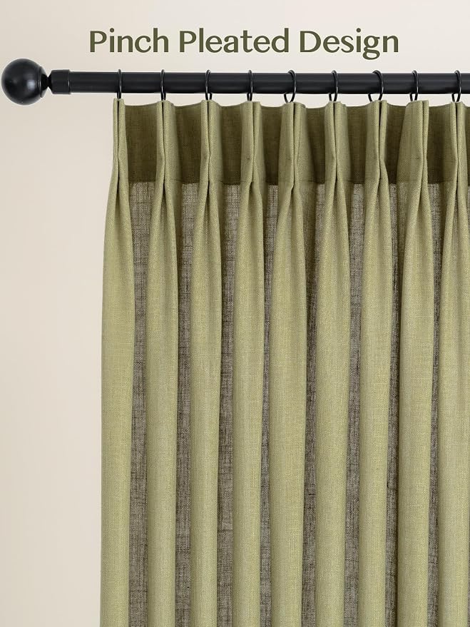 Liz Pinch Pleated Linen Curtains Light Filtering Curtains for Living Room, Farmhouse Window Curtains for Bedroom, Modern Drapes with Hooks and Rings, 95 Inches Long, Olive Green, 2 Panels Set