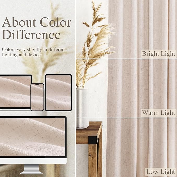 Natural White Linen Curtains 102 Inches Long for Living Room Light Filtering Farmhouse Decor Curtains Back Tab Neutral Privacy Sheer Curtain for Bedroom Office 52x102, 2 Panels