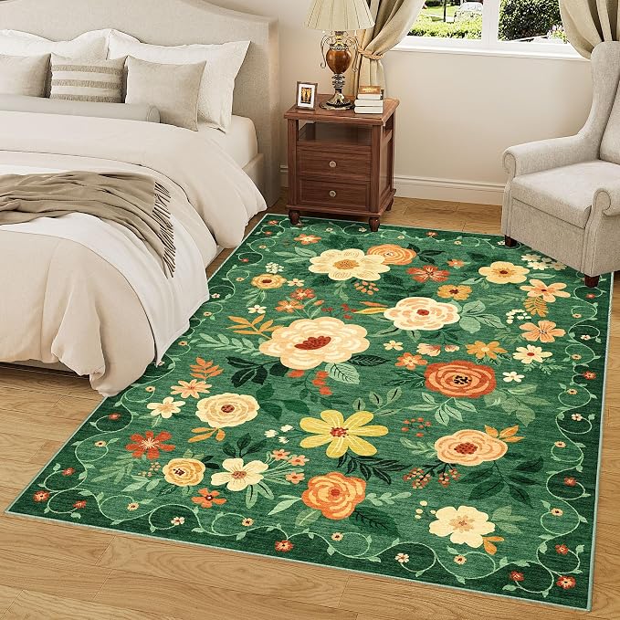 DUKINO 8x10 Area Rugs, Floral Washable Living Room Rug Non Slip, Dark Green | Low Pile, Stain Resistant, Soft Indoor Large Carpet for Bedroom, Dining Rom, Kids Playroom, Pet Friendly, Modern Home Decor