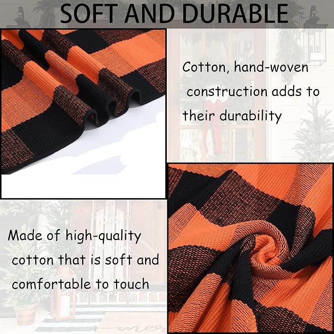 Orange and Black Plaid Rug, 4' x 6' Fall Outdoor Front Door Decor Mat, Cotton Washable Hand-Woven Rug for Layered Doormat, Autumn Halloween Thanksgiving Carpet for Porch, Entryway