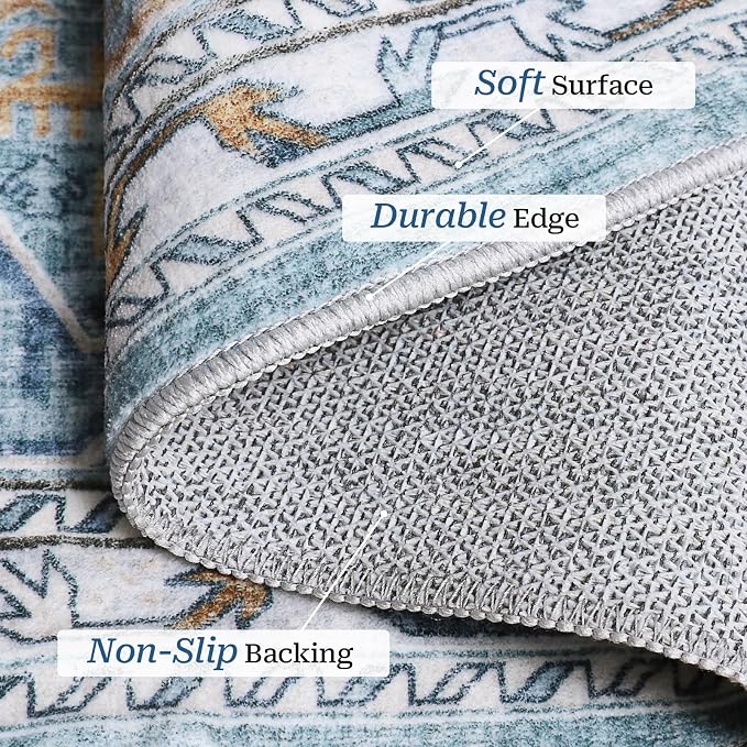 Madane Kitchen Runner 2'6''x8' Soft Rug Runners for Hallways, Blue/Gold | Vintage Machine Washable Rugs 2.5x8 Ft, Non-Slip Low Pile Stain-Resistant 8ft Floor Carpet for Laundry Room Corridor