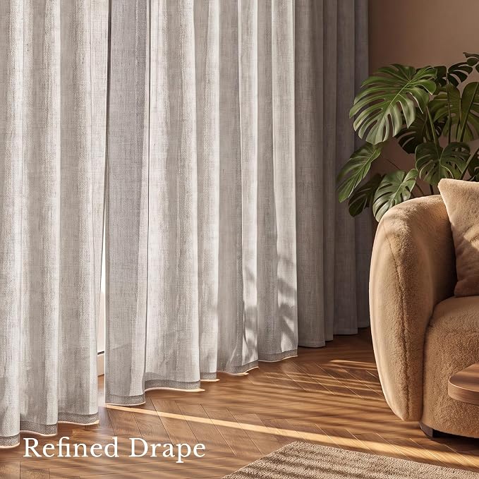 NICETOWN Birch Linen Semi Sheer Curtains 96 inches Long, Rod Pocket & Back Tab Linen Blend Semi Sheer Privacy with Light Filtering for Farmhouse/Living Room, W52 x L96, 2 Panels