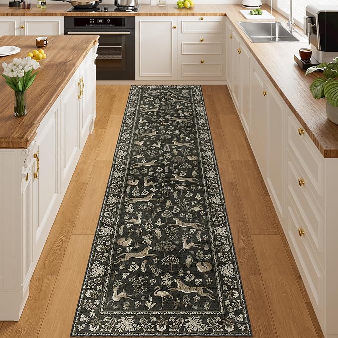 DUKINO 2x8 Washable Runner Rug, Non Slip Animal Kitchen Rug, Charcoal Black | Soft, Low Pile, Non-Shedding Indoor Carpet Runner for Hallway, Entryway, Bedroom, Bathroom, Pet Friendly, Stain Resistant