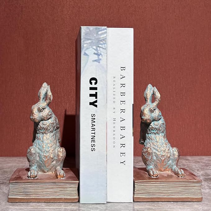 Book Ends for Shelves to Hold Books Hevay Duty,Decorative Rabbit Bookends | for Bookshelf Décor,Cute Animal Rabbit Book Stopper Easter Bunny Statues for Home, Living Room Decoration,1 Pair (Bronze)