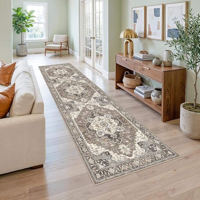 RUUGME Runner Rug 2'6x10 Washable: Non-Slip Boho Runner Rugs for Kitchen Hallway Entryway Soft Low Pile Ultra Thin Carpet Vintage Distressed Home Decor for Bathroom Laundry Room (Beige,2'6''x10')