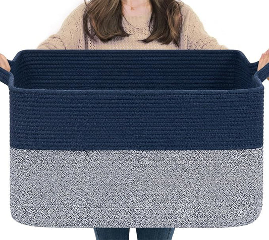 Goodpick 75L Extra Large Woven Blanket Basket, 22" x 17" x 12", Blue | Decorative Storage Basket for Blankets, Clothes & Toys, Living Room & Home Organization, Rectangle Design, Reinforced Handles