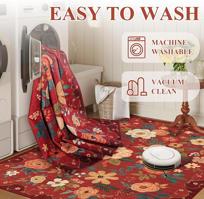 DUKINO 2x3 Entryway Rug, Floral Door Mat Soft Washable Rug Non Slip, Red | Low Pile, Non-Shedding Small Rug for Kitchen, Entrance, Bedroom, Bathroom, Pet Friendly, Stain Resistant, Modern Home Decor