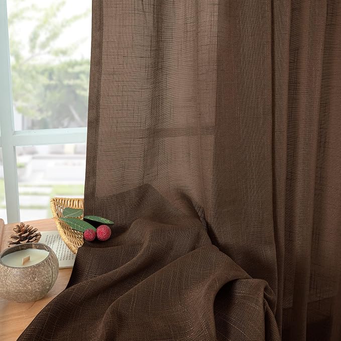 YoungsTex Dark Brown Linen Curtains 63 Inch Length for Living Room - Chocolate Light Filtering Window Drapes Semi Sheer with Rod Pocket Back Tab for Bedroom, 2 Panels, 52 X 63 Inch