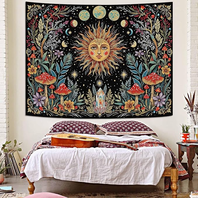Accnicc Boho Sun and Moon Tapestry Hippie Mushroom Floral Wall Tapestry for Bedroom Aesthetic Vintage Plant Celestial Spiritual Small Tapestries Wall Hanging for Dorm Living Room Decor 60 x 44 Inch