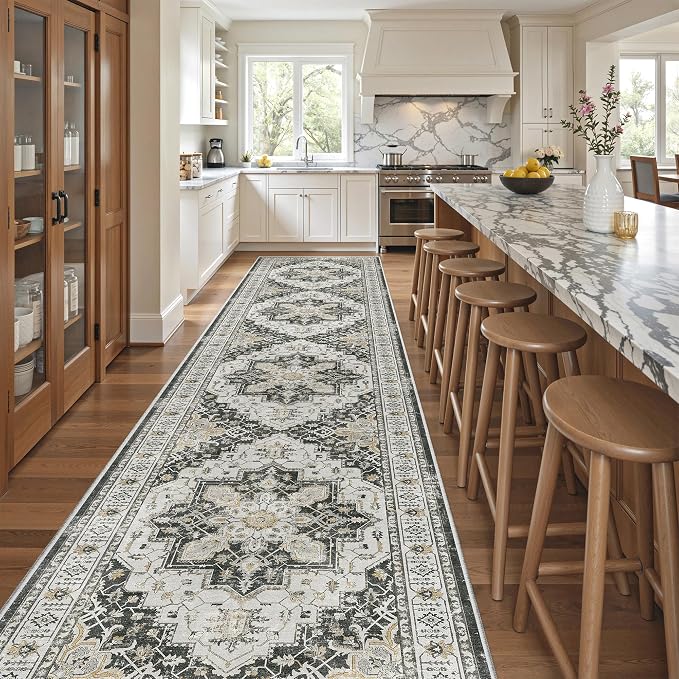 Madane Hallway Runner Rug 3x14 Washable Kitchen Runners Long, Black | Vintage Non-Slip Wide Area Rugs 14ft for Entryway, Low-Pile Farmhouse Indoor Floor Carpet for Living Room Bedroom