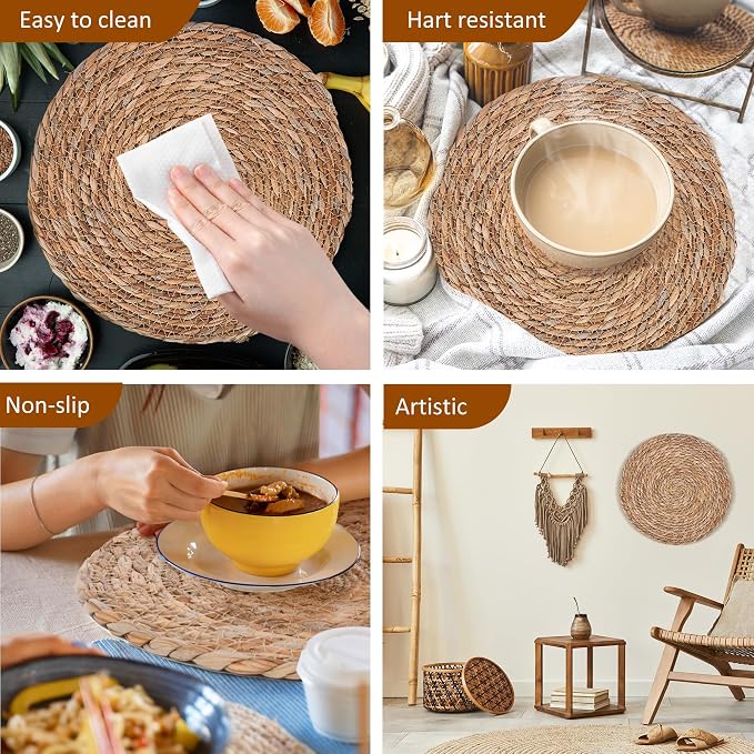 13.5'' Round Woven Placemats Set of 10, Boho Rattan Chargers for Dinner Plates, Round Rattan Placemats,for Dining Table,Wedding, Farmhouse,Outdoor and Christmas