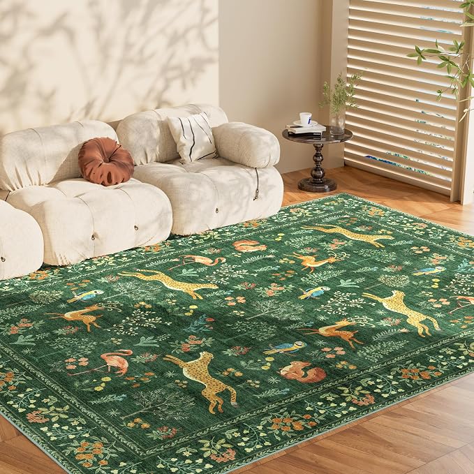 DUKINO 5x7 Area Rugs, Washable Animal Rug for Living Room Non Slip, Green | Low Pile, Soft Indoor Carpet for Bedroom, Kids Room, Dining Room, Pet Friendly, Farmhouse, Stain Resistant, Non-Shedding