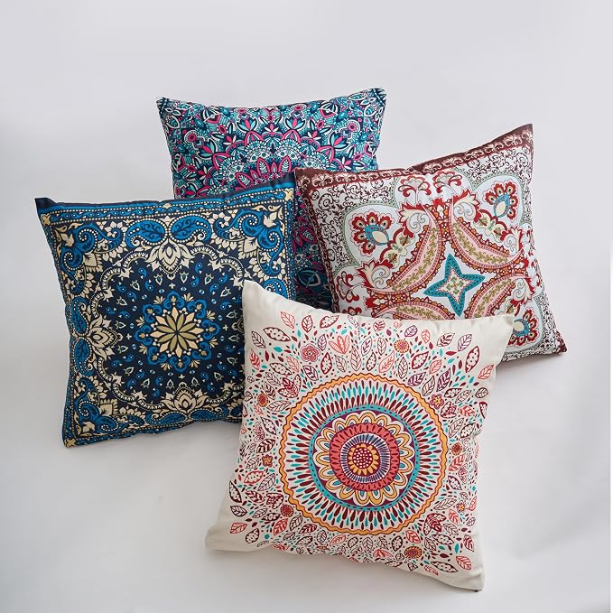 Boho Throw Pillow Covers 20X20 Inch Set of 4 Farmhouse Decorative Couch Pillow Cases Vintage Floral Pillows for Sofa Living Room Bedroom Summer Outdoor Patio Porch
