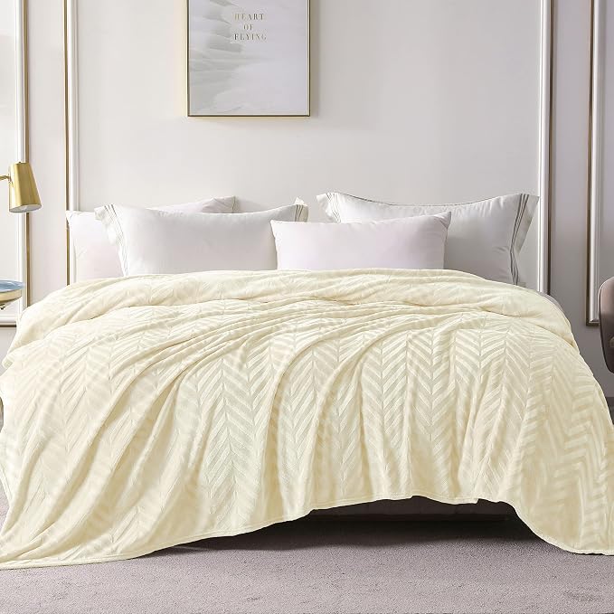 Whale Flotilla Flannel Fleece Bed Blanket Twin Size, Ivory | Lightweight Breathable Soft Bedspread, Plush Fluffy Coverlet Chevron Design Decorative Blanket for All Season, 60x80 Inch