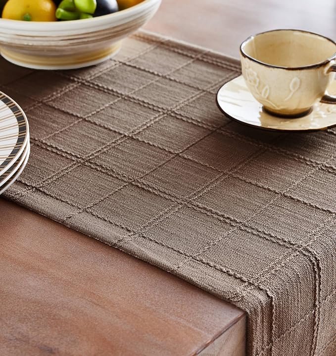 ZeeMart Linen Checked Farmhouse Table Runner, 13x90 Inches Cocoa Brown | Raised Grid Design, Rich Woven Texture, Linen Blend Table Runners 90 Inches Long, Machine Washable, Boho Home Kitchen Decor