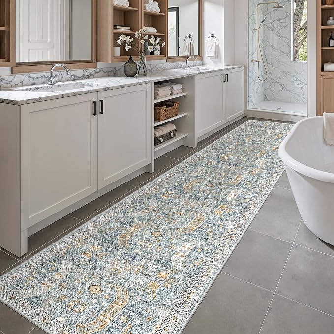 Madane Washable Runner Rugs 2x12 Long for Hallway Kitchen Soft, Blue/Gold | Non-Slip Vintage Printed 12ft Rug Runners with Rubber Backing, Low-Pile Floor Carpet Laundry Room Entryway, Corridor