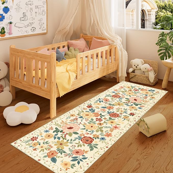 DUKINO 2x10 Runner Rug, Washable Kitchen Runner Rug Non Slip, Beige Yellow | Soft, Low Pile, Floral Indoor Rug Runner for Hallway, Entryway, Bedroom, Bathroom, Pet Friendly, Home Decor, Stain Resistant