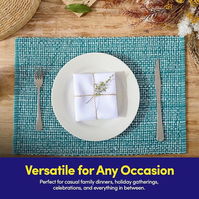 Sweet Home Collection 100% Cotton Placemats for Dining Room Rectangle Two Tone Woven Fabric 13" x 19" Soft Durable Table Mat Set, Set of 4, Turquoise