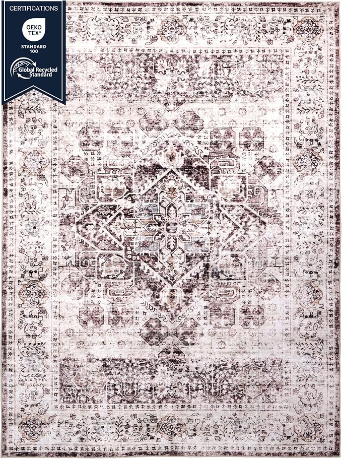 Machine Washable Area Rug, Soft & Durable, Non-Slip, Stain Resistant Rug for Bedroom, Living Room, Dining Room, High Traffic Areas. (Brown/Neutral, 3' X 5')
