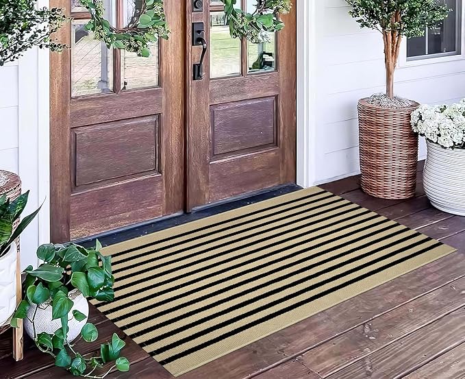 Black and Khaki Outdoor Rug 2'x4',Striped Front Porch Rug Washable Front Door Mat Entryway Throw Rug for Front Porch Indoor Outdoor Doormat