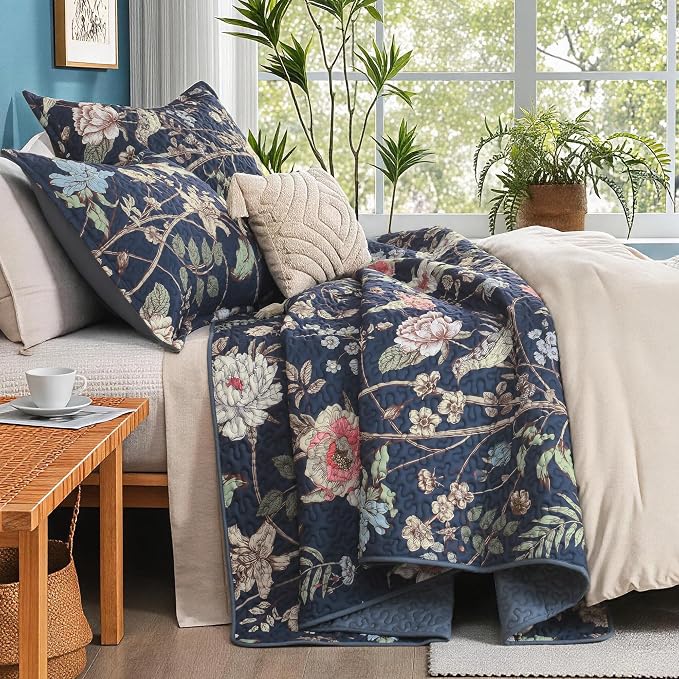 Litanika Floral Ocean Blue Quilt King - 3Pcs Botanical Birds Bedding Set | Bedspread Summer Lightweight Soft Coverlet with Pink Flower for All Seasons(106"x96")