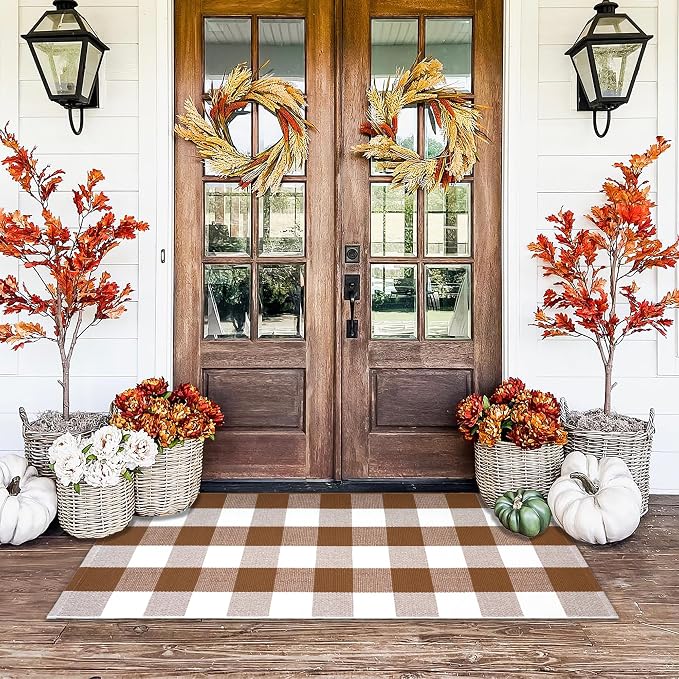 Homydecor Buffalo Plaid Outdoor Rugs, 24'' x 51'' Coffe and White Checkered Area Rug, Layering Rug for Hello/Welcome Door Mat, Washable Cotton Woven Farmhouse Mat for Front Porch Décor