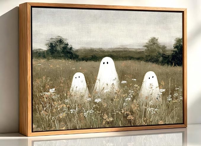 Framed-Halloween Ghost Canvas Wall Art-16x24in | Vintage Wildflowers Cute Ghost Picture Poster Print.Halloween Wall Decor for Bedroom Living Room Bathroom