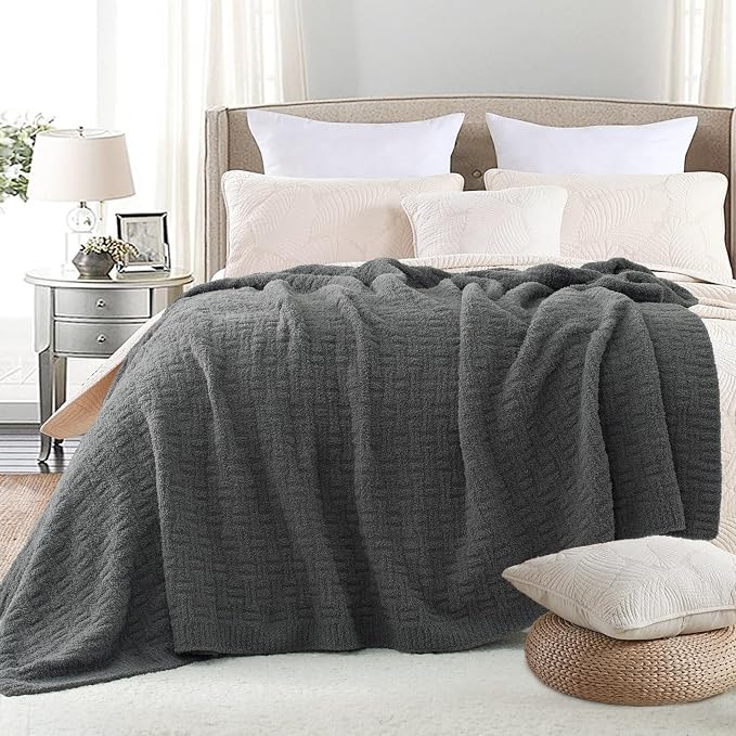 Grey Ultra Soft Knit Throw Blanket for Couch,60"X80" Microfiber Fluffy Cozy Warm Knitted Blankets with Checked Pattern for Sofa Bed