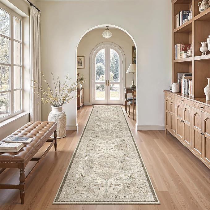 Madane Washable Runner Rugs 2x12 Long for Hallway Kitchen Soft, Ivory/Brown | Non-Slip Vintage Printed 12ft Rug Runners with Rubber Backing, Low-Pile Floor Carpet Laundry Room Entryway, Corridor