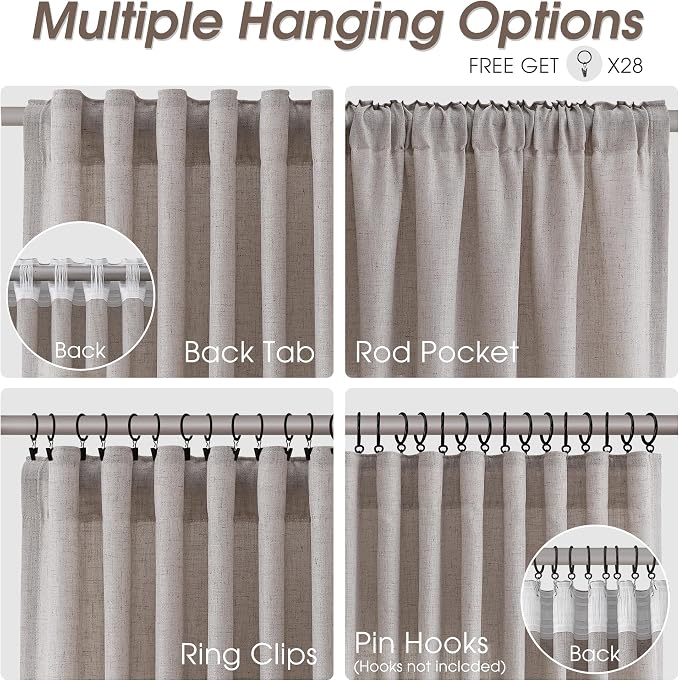 Linen Curtains 96 Inches Long for Living Room Back Tab Semi Sheer Floor to Ceiling 8ft Light Filtering Curtain Boho Farmhouse Decor Window Drapes for Bedroom 52x96 2 Panels Brownish Grey